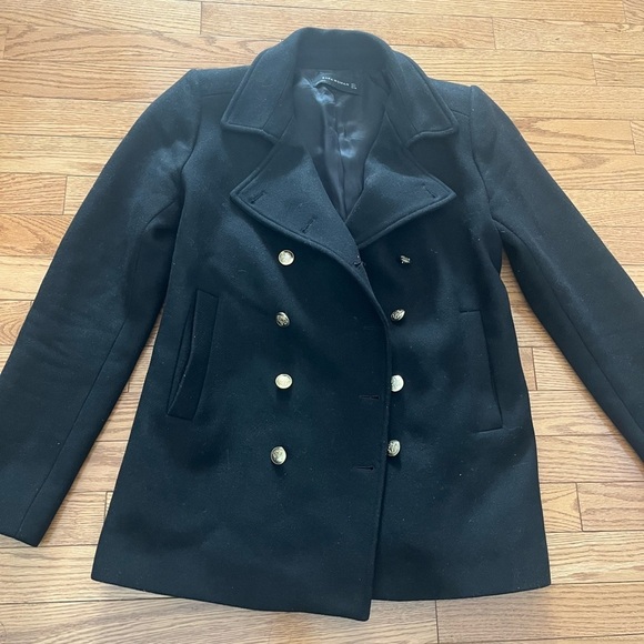 [L]Zara Double Breasted Military Style Wool Blend Pea Coat Blazer in Black - Picture 2 of 14